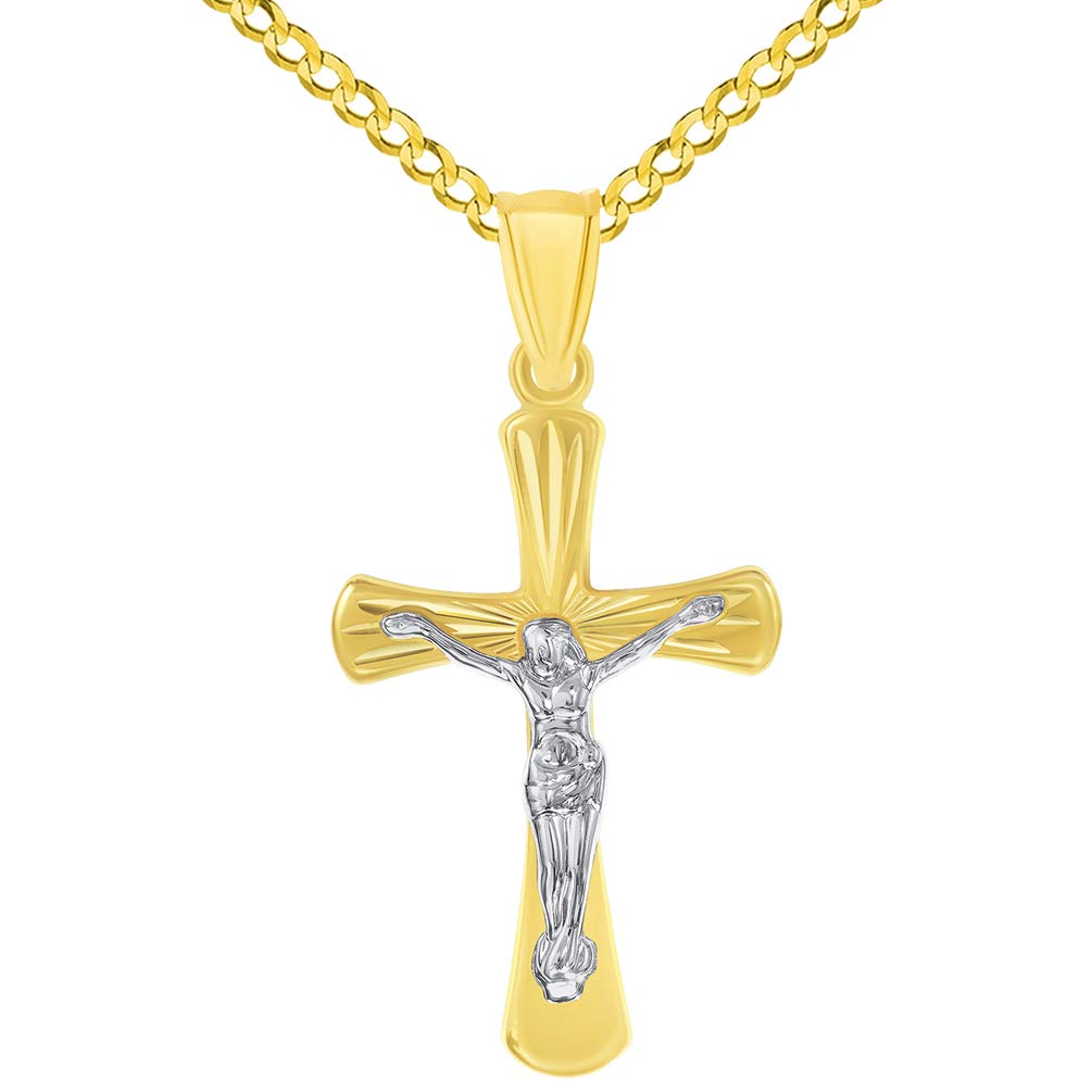 14k Gold High Polished Textured Religious Cross Jesus Crucifix Pendant with Cuban Curb Chain Necklace - Two-Tone