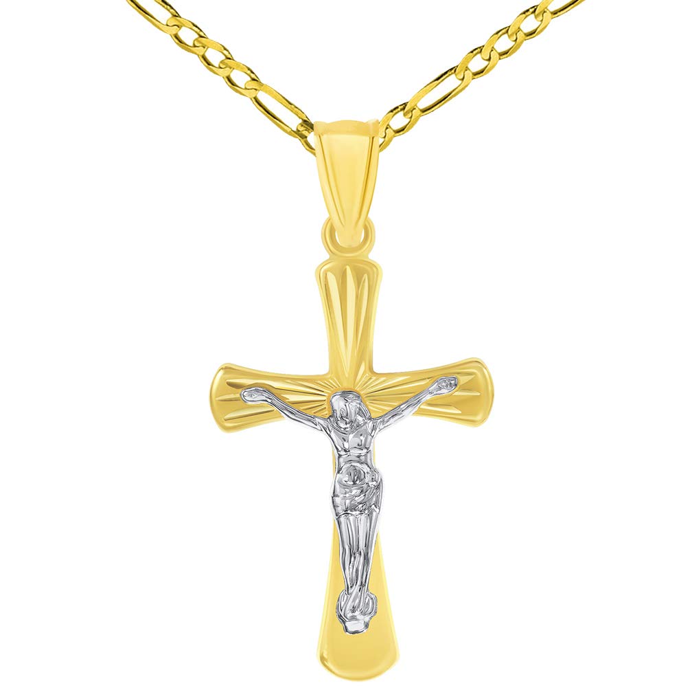 14k Gold High Polished Textured Religious Cross Jesus Crucifix Pendant with Figaro Chain Necklace - Two-Tone