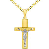 Load image into Gallery viewer, 14k Yellow Gold High Polished Textured Religious Cross Two-Tone Jesus Crucifix Pendant with Figaro Chain Necklace
