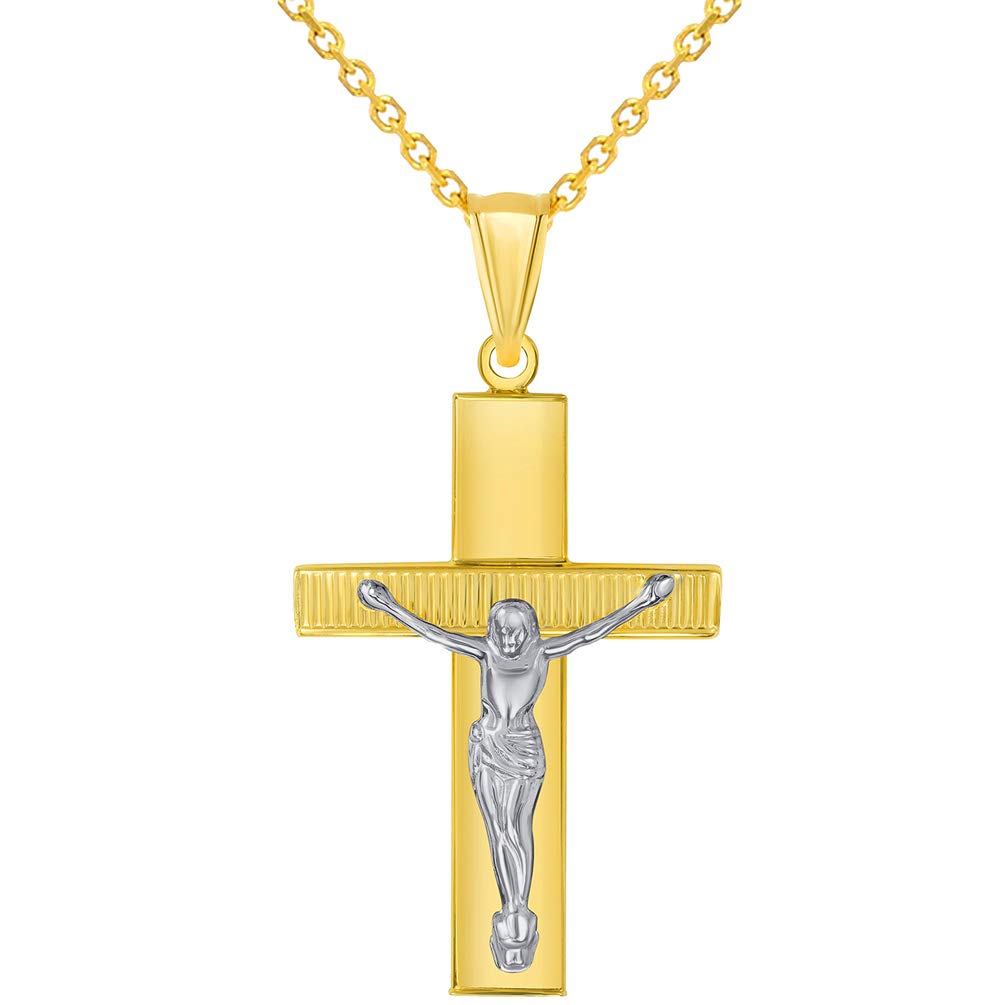 14k Yellow Gold High Polished Textured Religious Cross Two-Tone Jesus Crucifix Pendant Necklace
