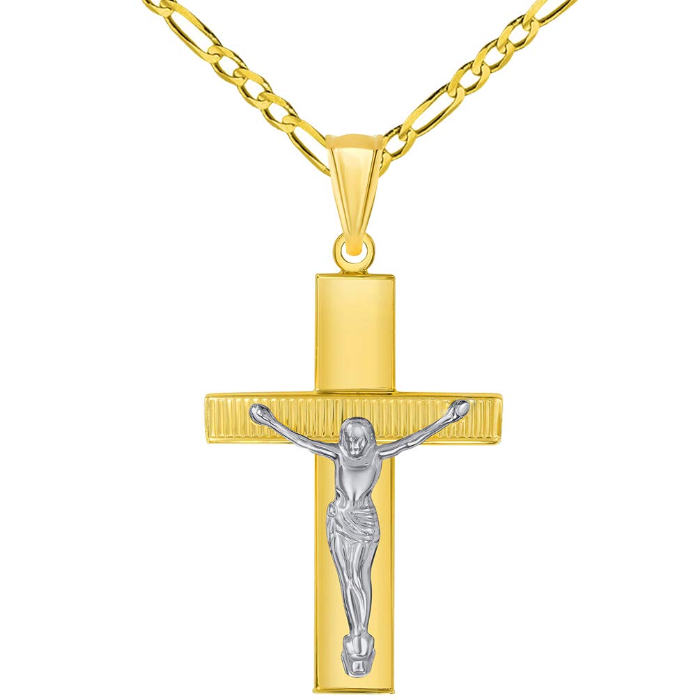 14k Yellow Gold High Polished Textured Religious Cross Two-Tone Jesus Crucifix Pendant with Figaro Chain Necklace