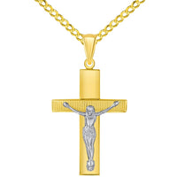 Load image into Gallery viewer, 14k Yellow Gold High Polished Textured Religious Cross Two-Tone Jesus Crucifix Pendant with Cuban Curb Chain Necklace
