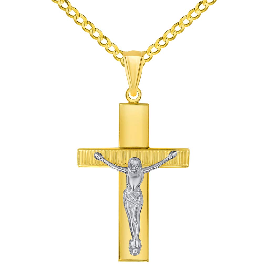 14k Yellow Gold High Polished Textured Religious Cross Two-Tone Jesus Crucifix Pendant with Cuban Curb Chain Necklace