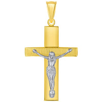 Load image into Gallery viewer, 14k Yellow Gold High Polished Textured Religious Cross Two-Tone Jesus Crucifix Pendant with Figaro Chain Necklace
