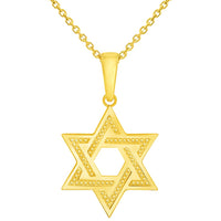 Load image into Gallery viewer, 14k Yellow Gold Textured Shield of David Hebrew Star Pendant with Rolo Cable, Cuban Curb, or Figaro Chain Necklaces
