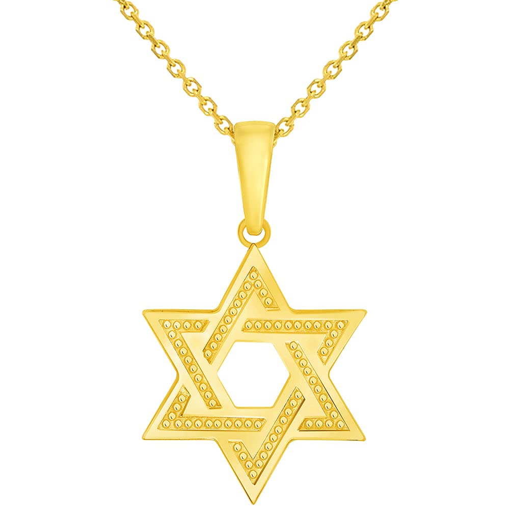 14k Yellow Gold Textured Shield of David Hebrew Star Pendant with Rolo Cable, Cuban Curb, or Figaro Chain Necklaces