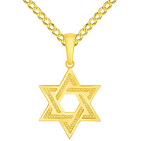Load image into Gallery viewer, 14k Yellow Gold Textured Shield of David Hebrew Star Pendant with Rolo Cable, Cuban Curb, or Figaro Chain Necklaces
