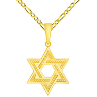 Load image into Gallery viewer, 14k Yellow Gold Textured Shield of David Hebrew Star Pendant with Rolo Cable, Cuban Curb, or Figaro Chain Necklaces
