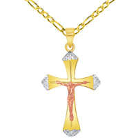 Load image into Gallery viewer, 14k Yellow Gold and Rose Gold Textured Tri-Tone Religious Cross Jesus Crucifix Pendant with Figaro Chain Necklace
