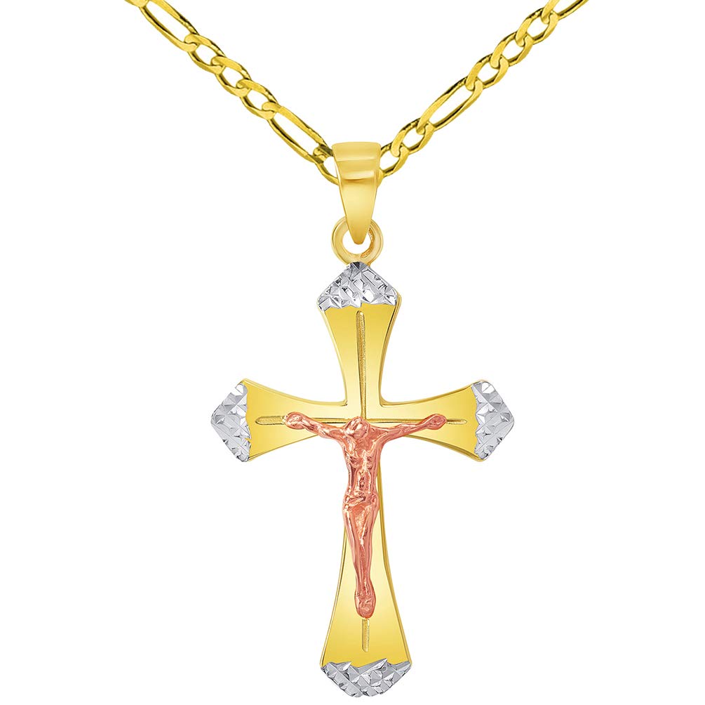 14k Yellow Gold and Rose Gold Textured Tri-Tone Religious Cross Jesus Crucifix Pendant with Figaro Chain Necklace