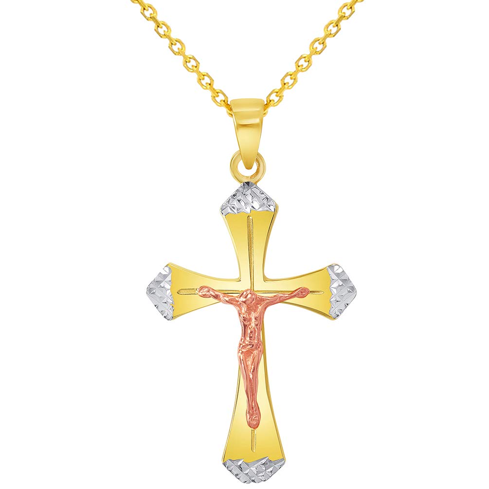 14k Yellow Gold and Rose Gold Textured Tri-Tone Religious Cross Jesus Crucifix Pendant Necklace