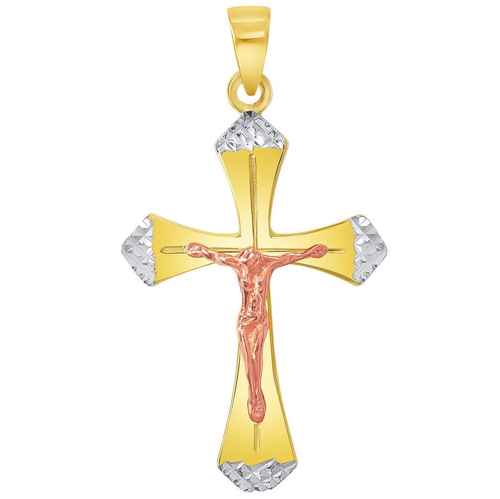 14k Yellow Gold and Rose Gold Textured Tri-Tone Religious Cross Jesus Crucifix Pendant