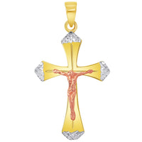 Load image into Gallery viewer, 14k Yellow Gold and Rose Gold Textured Tri-Tone Religious Cross Jesus Crucifix Pendant with Cuban Curb Chain Necklace
