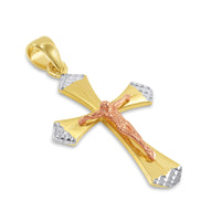 Load image into Gallery viewer, 14k Yellow Gold and Rose Gold Textured Tri-Tone Religious Cross Jesus Crucifix Pendant with Cuban Curb Chain Necklace
