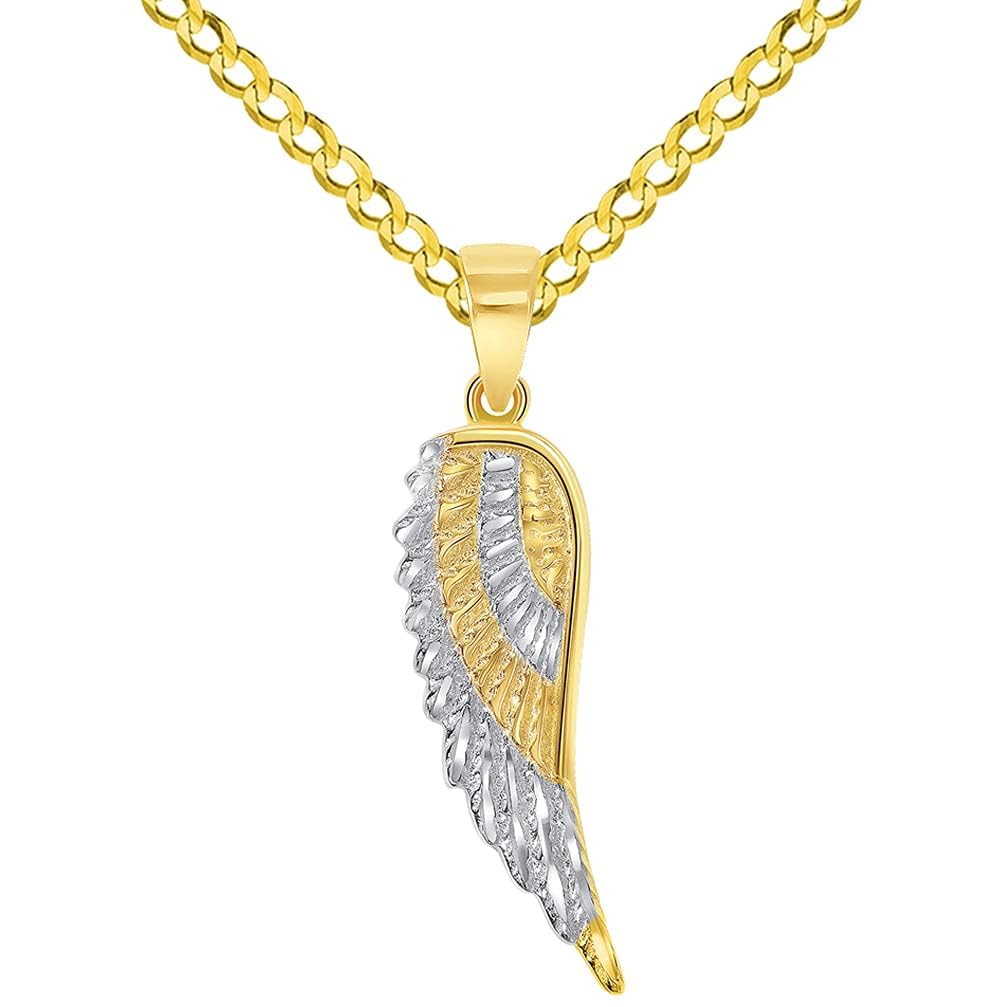 Solid 14k Yellow Gold Textured Two-Tone Angel Wing Charm Pendant with Curb or Figaro Chain Necklace