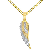 Load image into Gallery viewer, Solid 14k Yellow Gold Textured Two-Tone Angel Wing Charm Pendant with Curb or Figaro Chain Necklace
