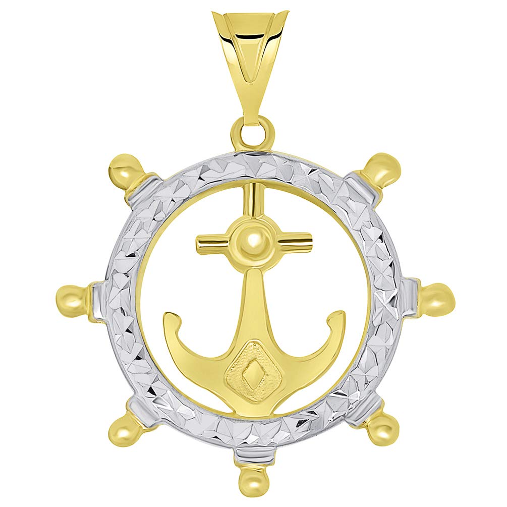 14k Yellow Gold Textured Two Tone Anchor Inside Ships Wheel Pendant for Women