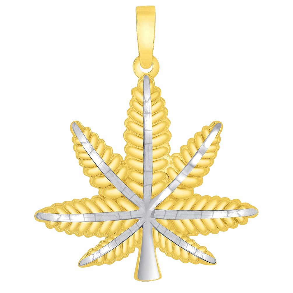 Solid 14k Yellow Gold Textured Two Tone Marijuana Weed Leaf Pendant
