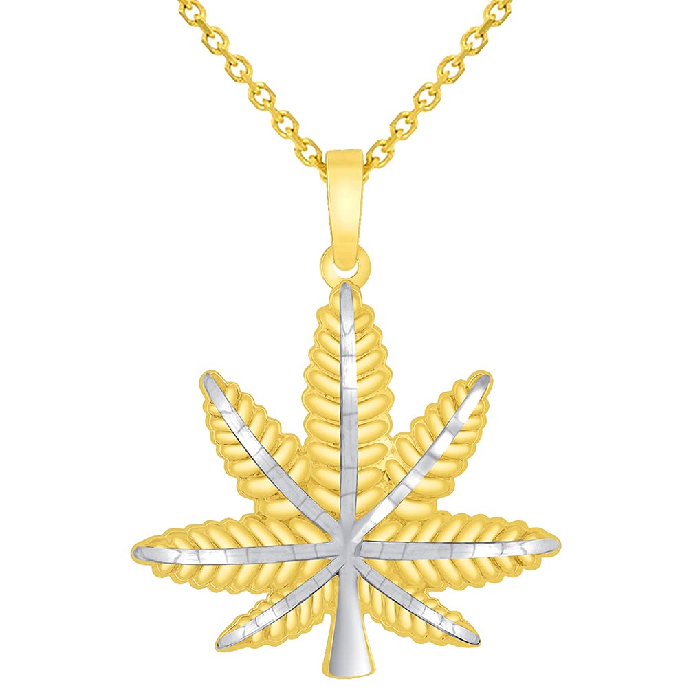 Solid 14k Yellow Gold Textured Two Tone Marijuana Weed Leaf Pendant with Rolo Cable, Cuban Curb, or Figaro Chain Necklaces