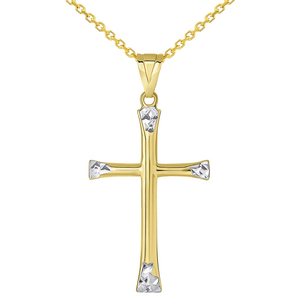 14k Yellow Gold Textured Two Tone Slender Plain Cross Pendant with Rolo, Curb, or Figaro Chain Necklaces