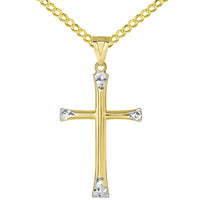 Load image into Gallery viewer, 14k Yellow Gold Textured Two Tone Slender Plain Cross Pendant with Rolo, Curb, or Figaro Chain Necklaces
