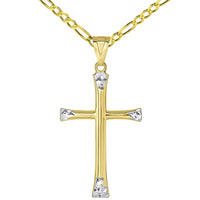 Load image into Gallery viewer, 14k Yellow Gold Textured Two Tone Slender Plain Cross Pendant with Rolo, Curb, or Figaro Chain Necklaces
