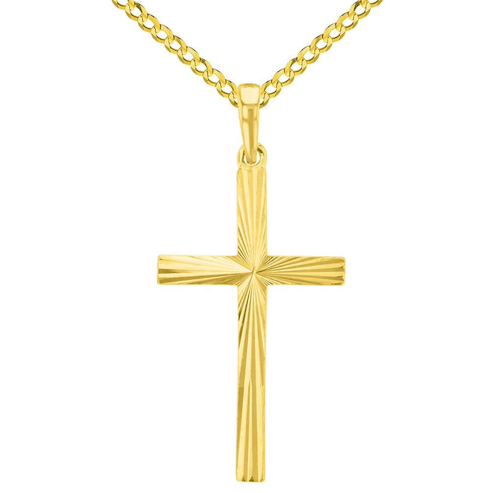 Solid 14k Yellow Gold Textured and Polished Religious Cross Pendant with Curb Chain Necklace