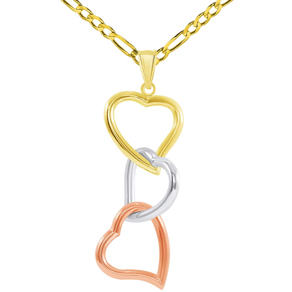 14k Tri-Color Gold Three Hearts Interlocking Dangling Down Pendant with Figaro Necklace