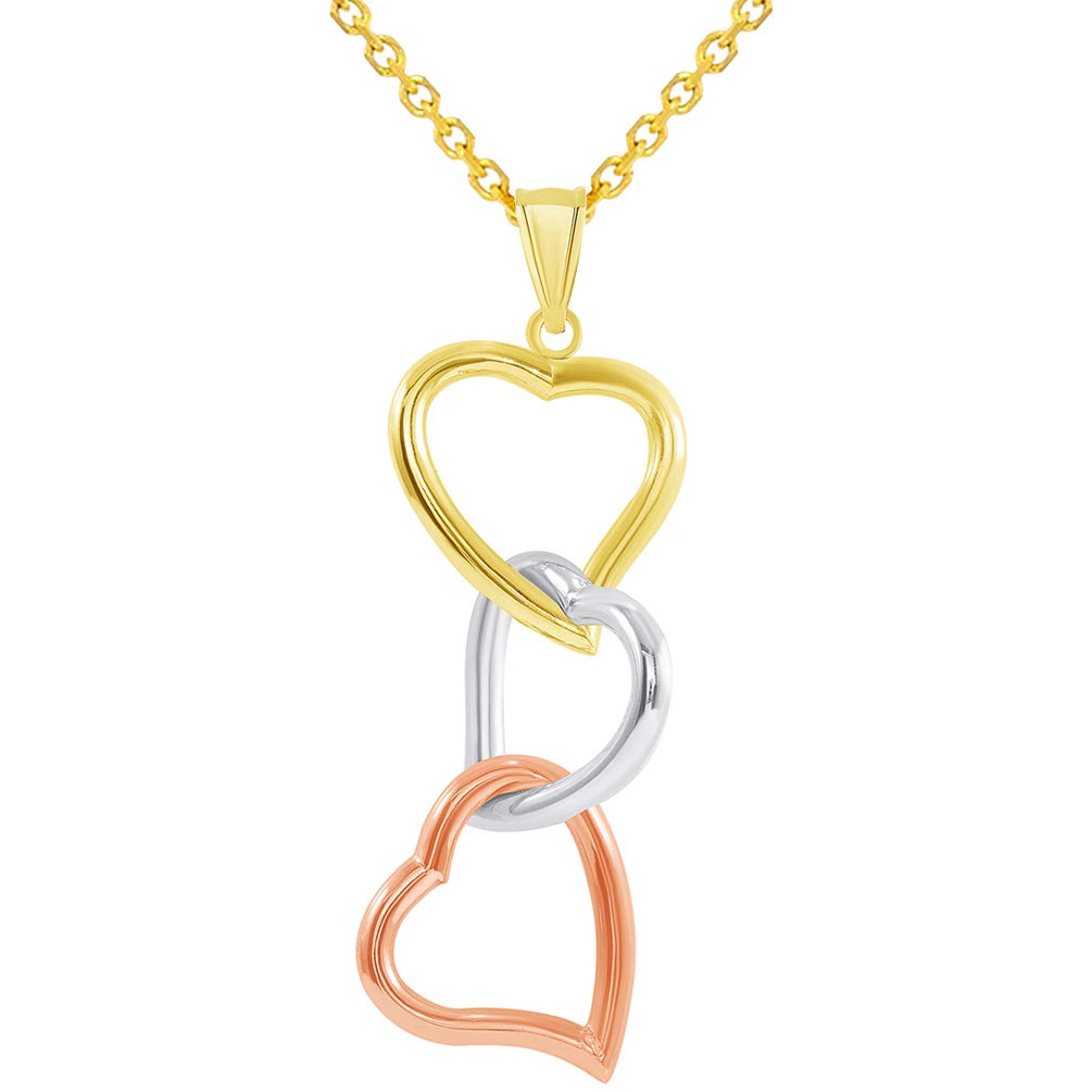 14k Tri-Color Gold Three Hearts Interlocking Dangling Down Pendant Necklace