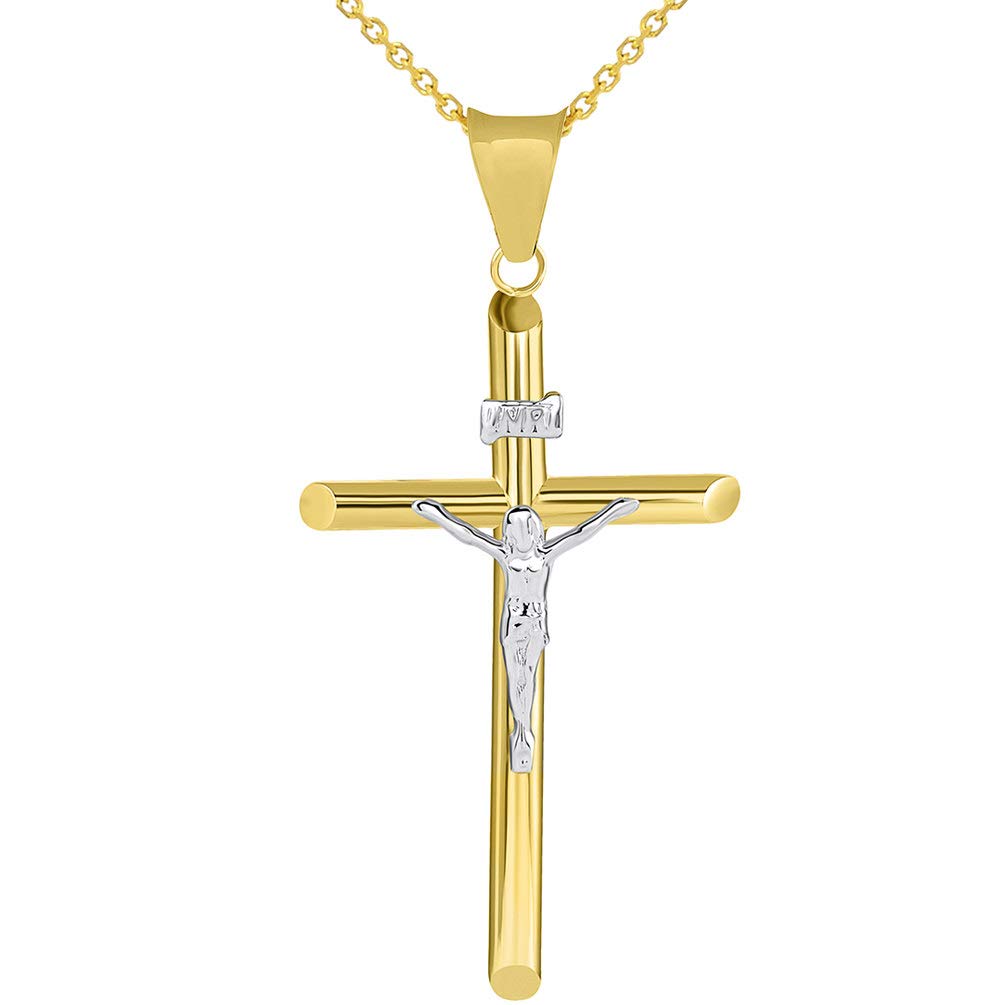 14k Two Tone Gold Traditional Catholic Cross INRI Crucifix Pendant Necklace