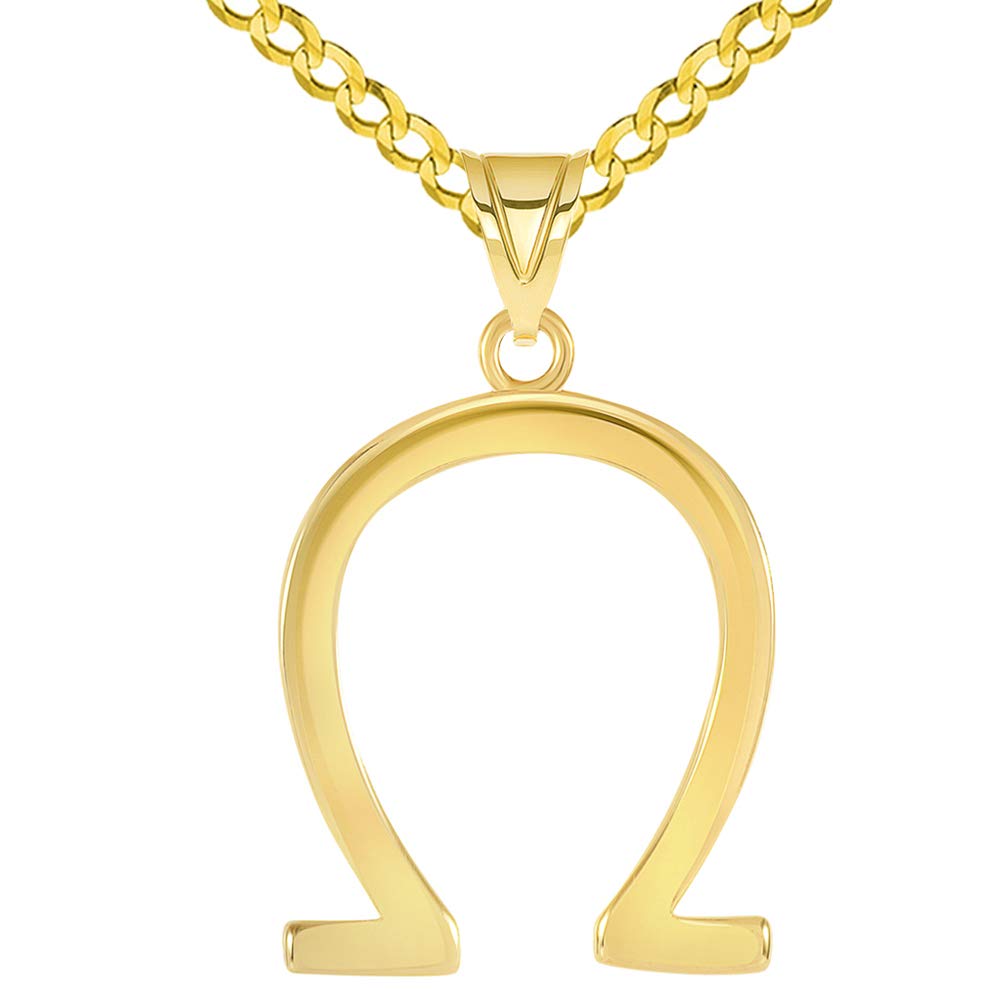 14k Yellow Gold Traditional Omega Symbol In Greek Alphabet Pendant with Curb Chain Necklace