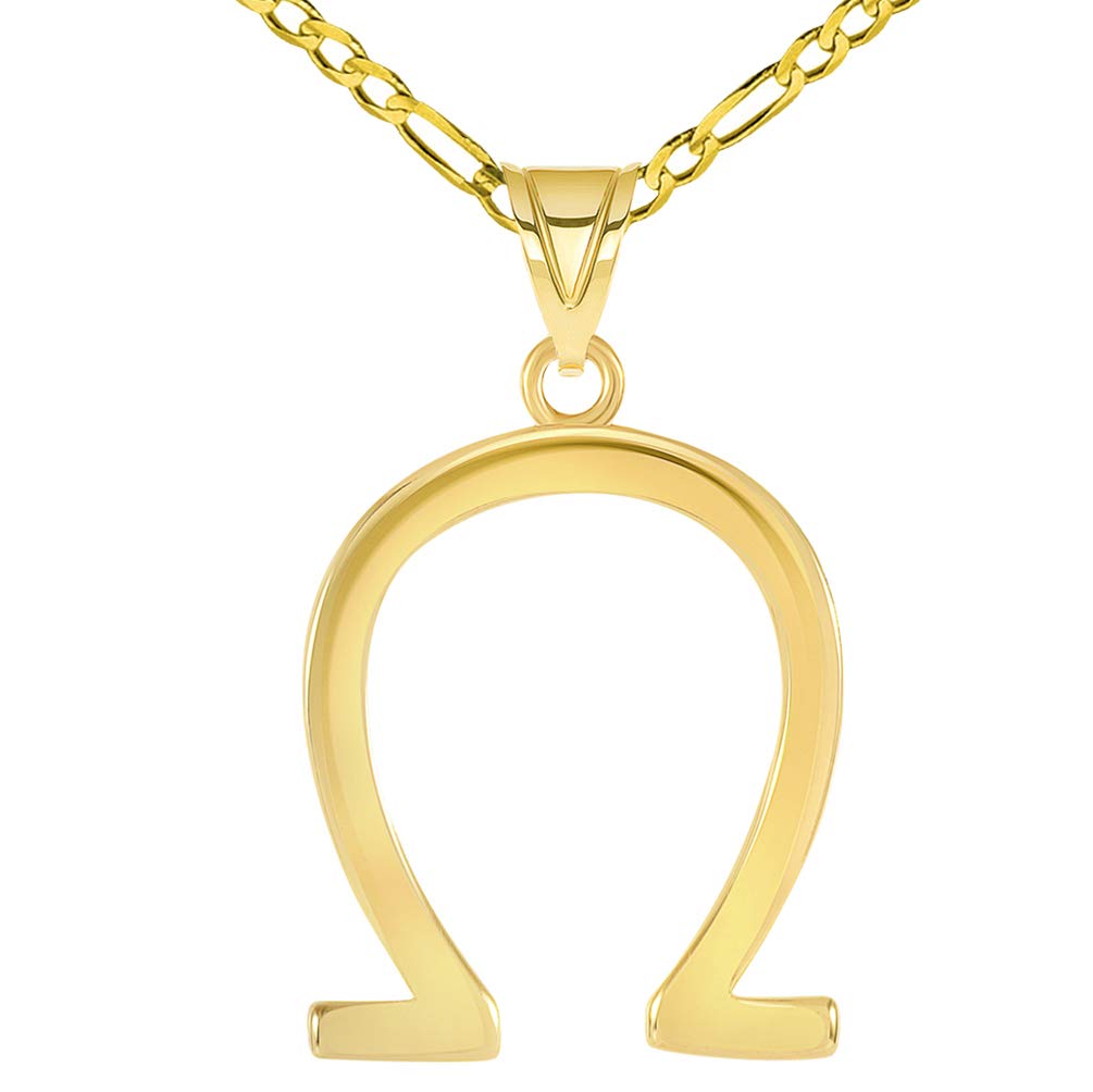 14k Yellow Gold Traditional Omega Symbol In Greek Alphabet Pendant with Figaro Chain Necklace