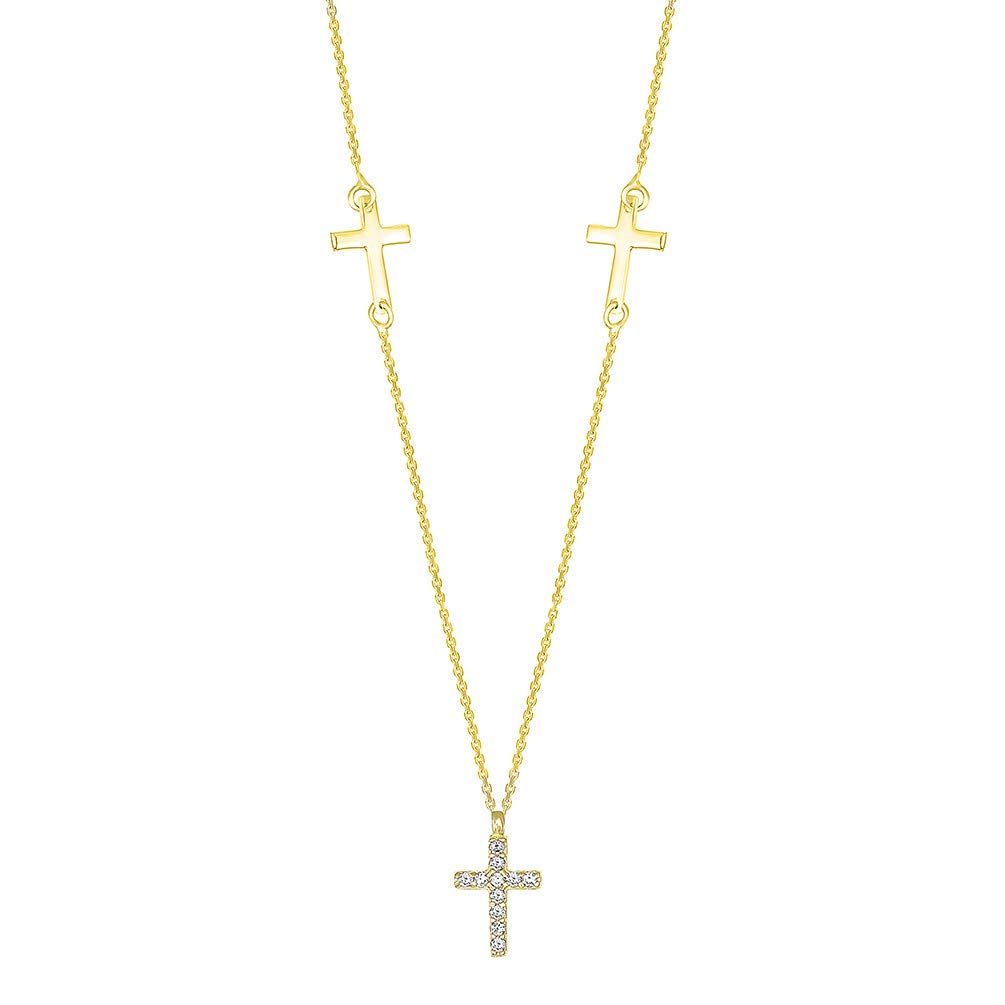 14k Yellow Gold Traditional Triple Cross Necklace with Cubic Zirconia