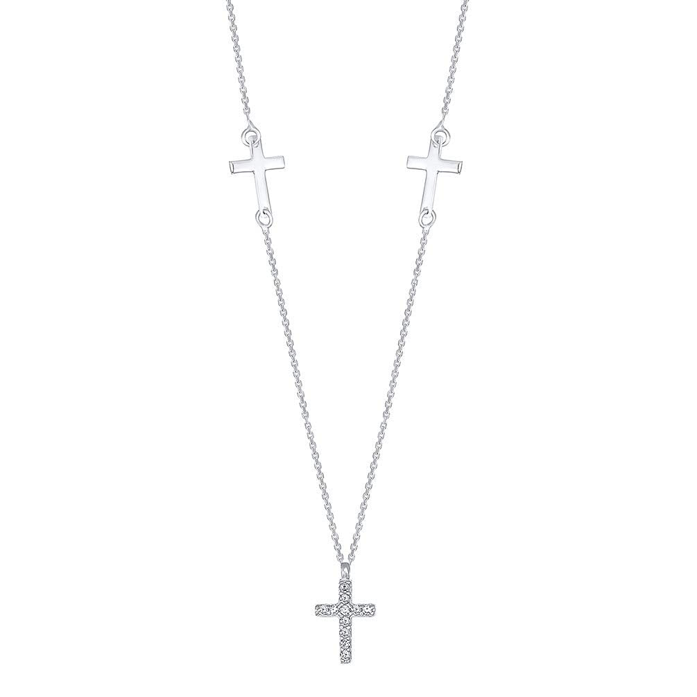 14k White Gold Traditional Triple Cross Necklace with Cubic Zirconia