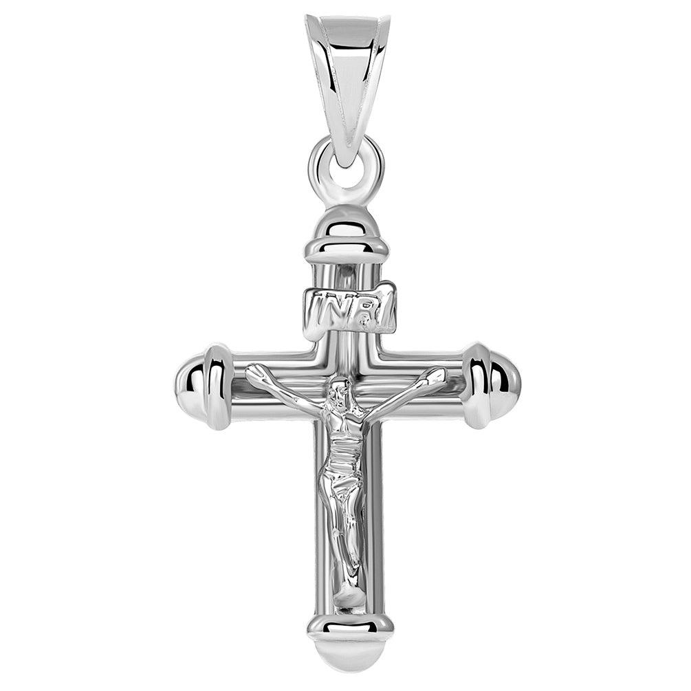 14k White Gold Tubuar Indent INRI Crucifix Religious Cross Pendant