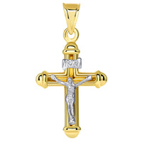 Load image into Gallery viewer, 14k Yellow Gold Tubuar Indent INRI Crucifix Two Tone Religious Cross Pendant
