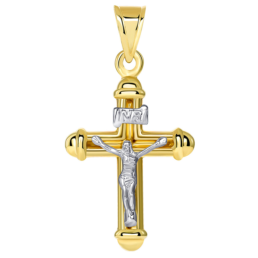 14k Yellow Gold Tubuar Indent INRI Crucifix Two Tone Religious Cross Pendant