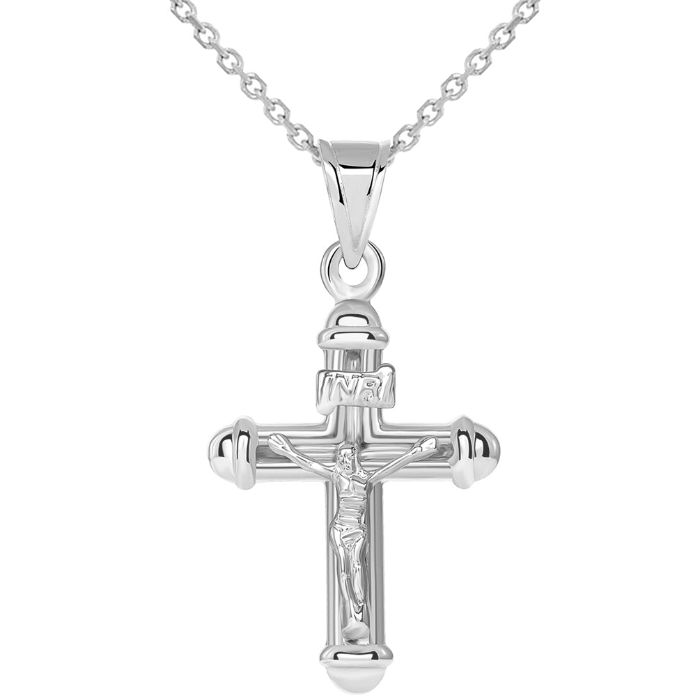 14k White Gold Tubuar Indent INRI Crucifix Religious Cross Pendant Necklace
