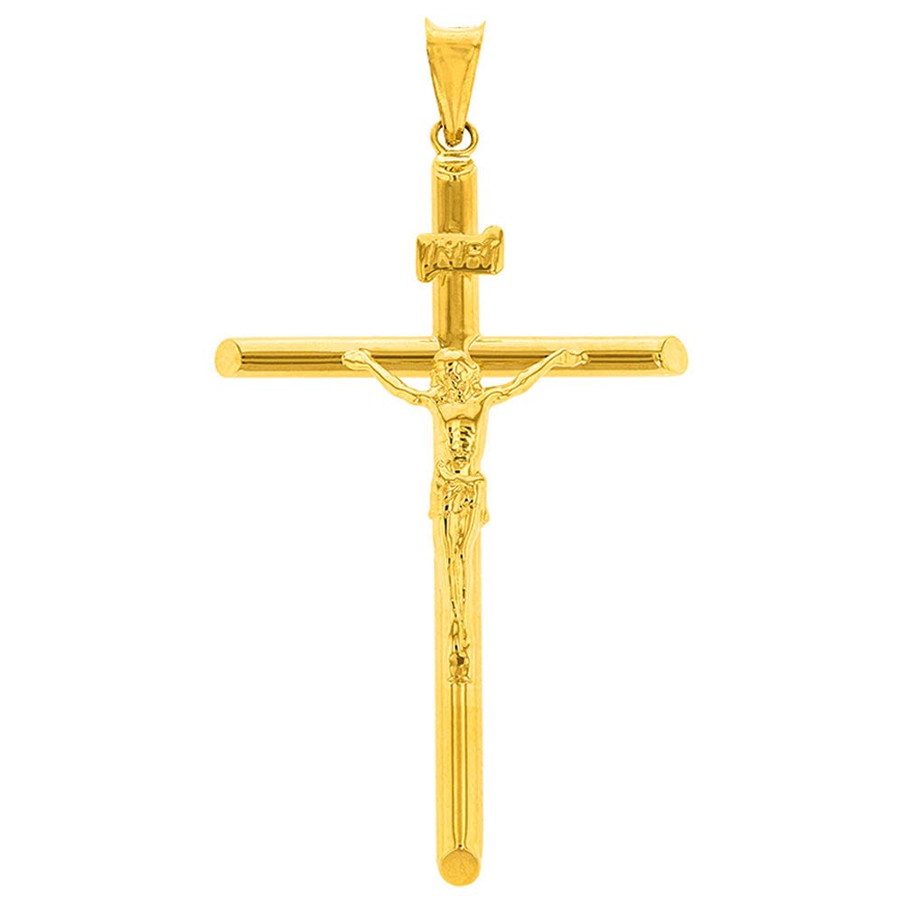 14k Yellow Gold Tubular Cross Christian INRI Crucifix Pendant, 2"