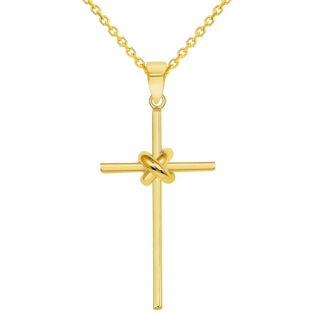 14k Yellow Gold Twisted Love Knot Religious Cross Pendant with Cable, Curb, or Figaro Chain Necklaces