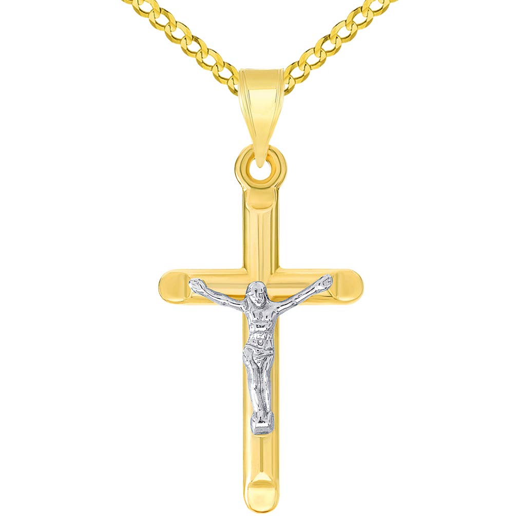 14k Yellow Gold Two-Tone Religious Classic Tube Crucifix Pendant with Concave Curb Chain Necklace