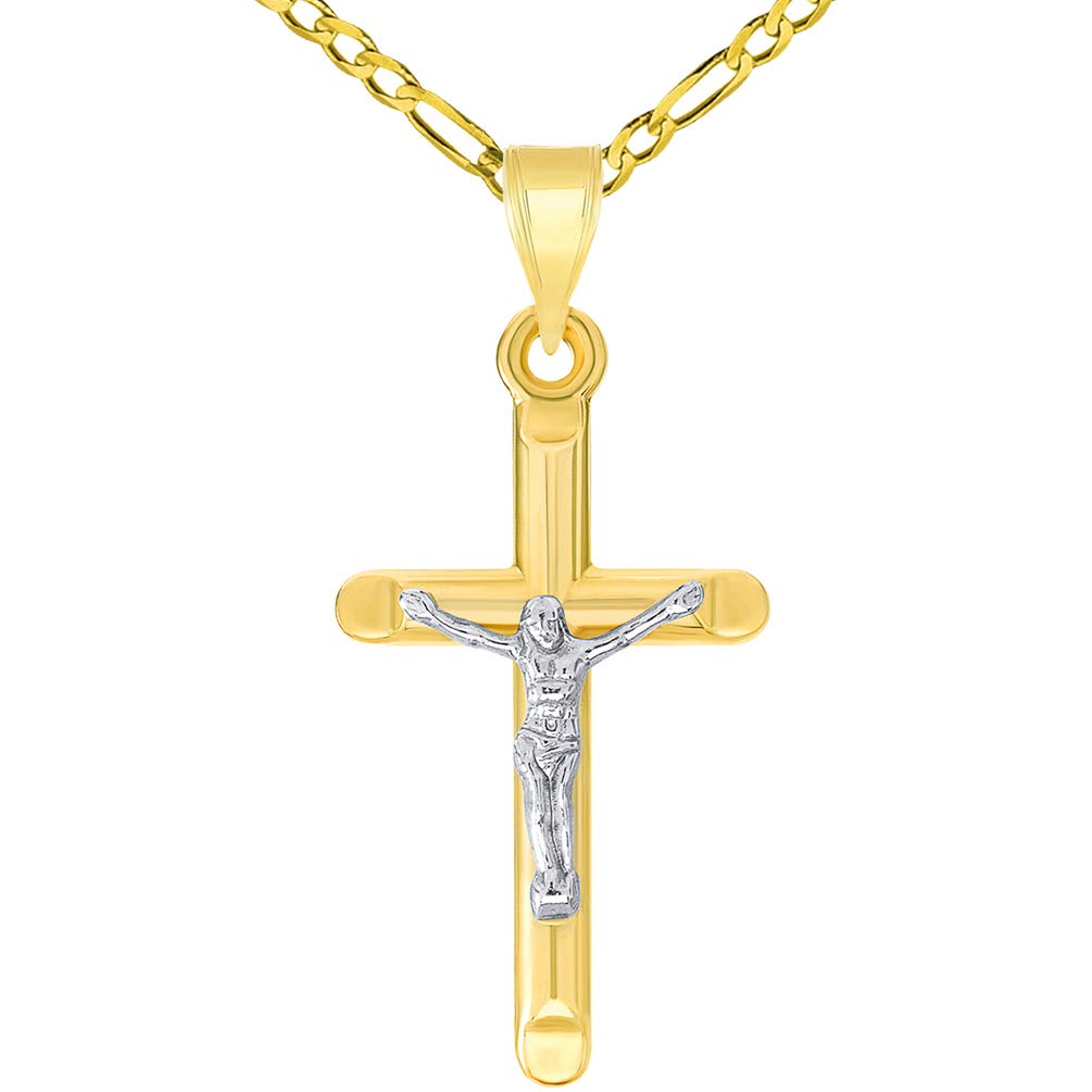 14k Yellow Gold Two-Tone Religious Classic Tube Crucifix Pendant with Figaro Chain Necklace