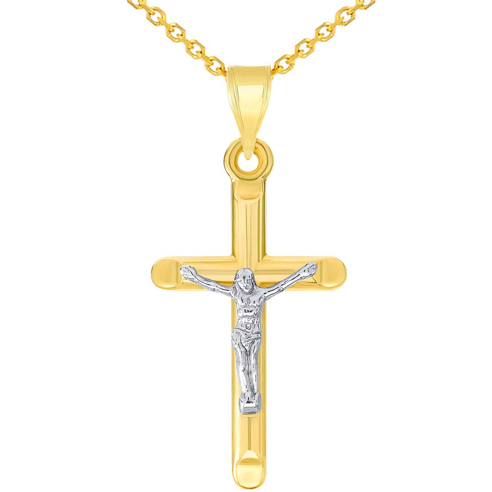 14k Yellow Gold Two-Tone Religious Classic Tube Crucifix Pendant Necklace
