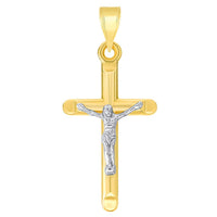 Load image into Gallery viewer, 14k Yellow Gold Two-Tone Religious Classic Tube Crucifix Pendant with Figaro Chain Necklace
