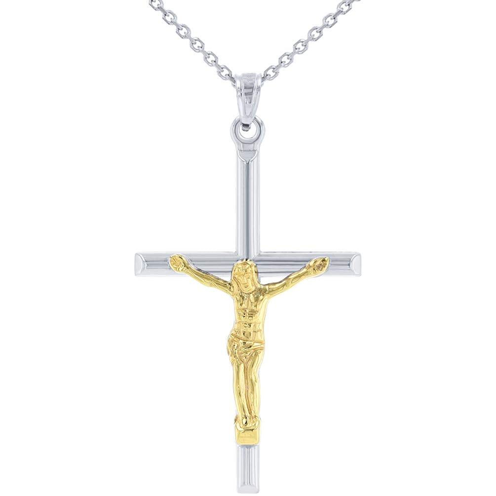 14k White Gold Two-Tone Tube Cross Charm with Jesus Crucifix Pendant Necklace