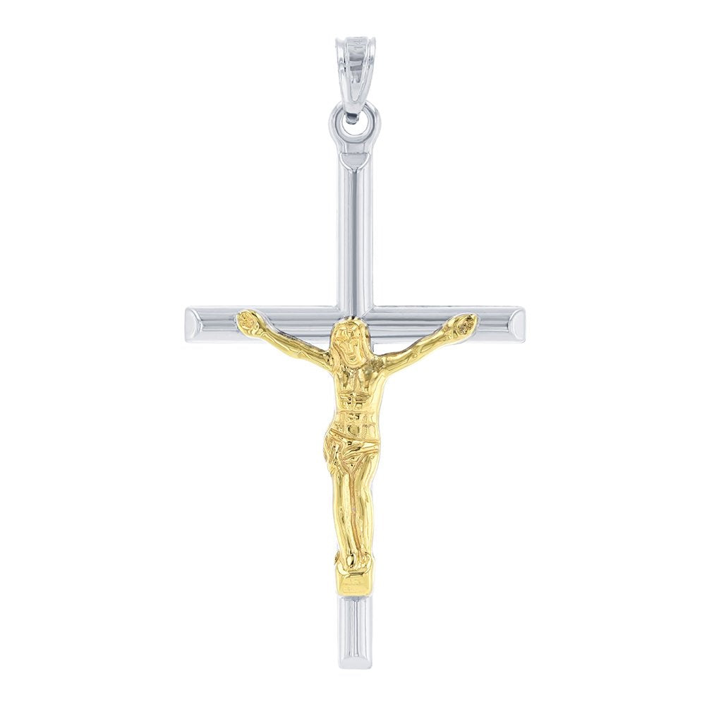 14k White Gold Two-Tone Tube Cross Charm with Jesus Crucifix Pendant