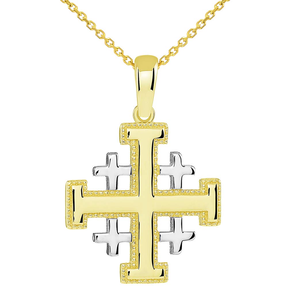 14k Yellow Gold Two Tone Crusaders Jerusalem Cross Pendant Necklace