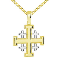 Load image into Gallery viewer, 14k Yellow Gold Two Tone Crusaders Jerusalem Cross Pendant with Cuban Chain Necklace

