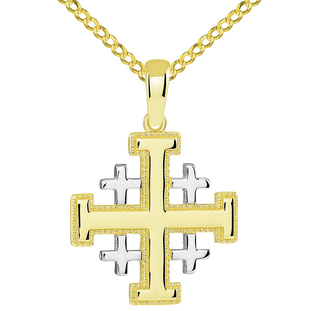 14k Yellow Gold Two Tone Crusaders Jerusalem Cross Pendant with Cuban Chain Necklace