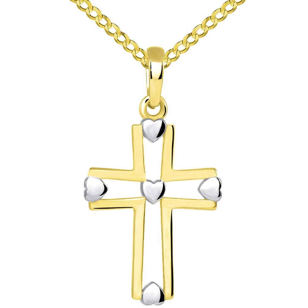 14k Yellow Gold Two Tone Open Christian Cross Heart Pendant with Cuban Necklace